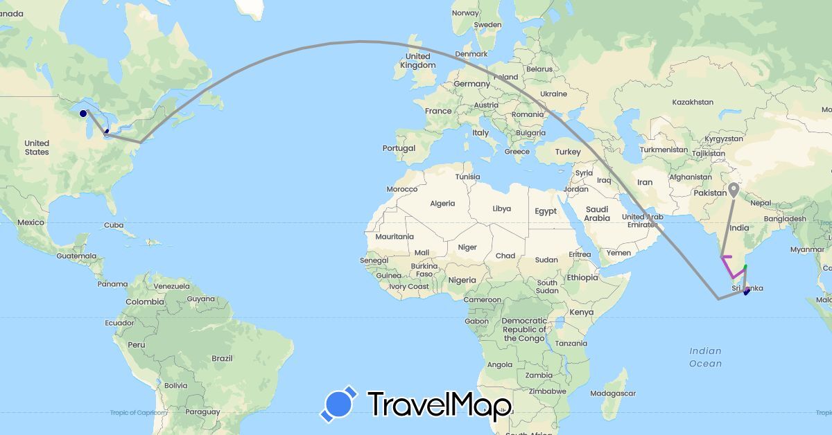 TravelMap itinerary: driving, bus, plane, train in United Arab Emirates, India, Sri Lanka, Maldives, United States (Asia, North America)